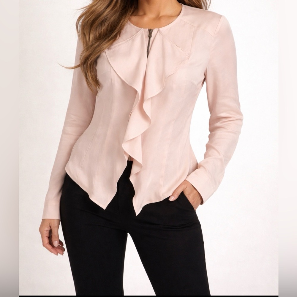 Jennifer Lopez Blush Pink Ruffle Zip Front Jacket Lightweight NWT Size 16